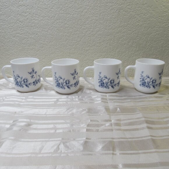 Vintage Arcopal Coffee Tea Cup Mugs Glenwood Blue White Floral Set of 4 France - Picture 9 of 16